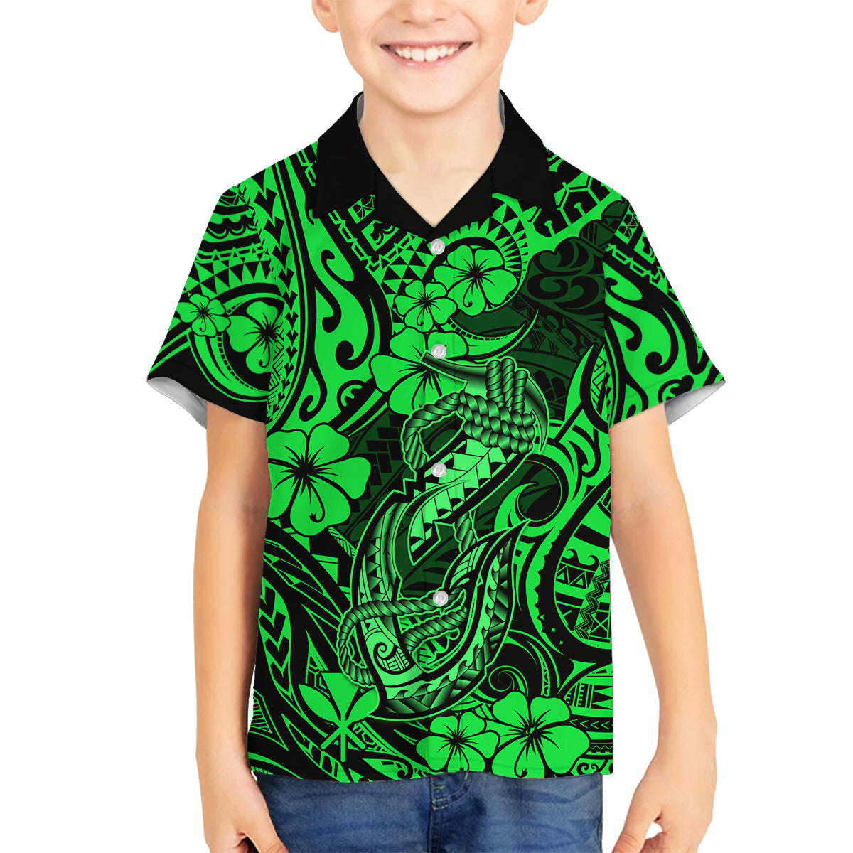 Hawaii Fish Hook Family Matching Long Sleeve Bodycon Dress and Hawaiian Shirt Polynesian Pattern Green Version LT01 Son's Shirt Green - Polynesian Pride