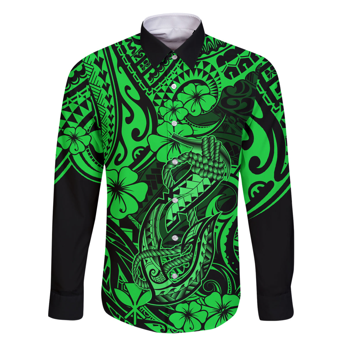 Hawaii Fish Hook Family Matching Summer Maxi Dress and Hawaiian Shirt Polynesian Pattern Green Version LT01 Dad's Shirt - Long Sleeve Green - Polynesian Pride