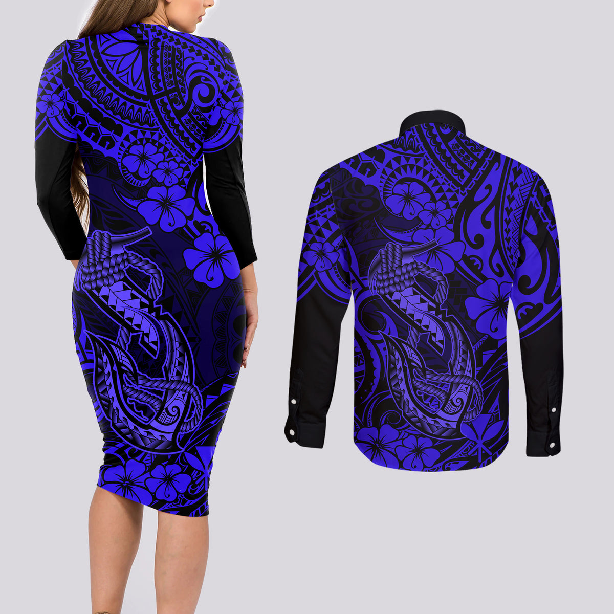 Hawaii Fish Hook Couples Matching Long Sleeve Bodycon Dress and Long Sleeve Button Shirts Polynesian Pattern Navy Blue Version LT01 - Polynesian Pride