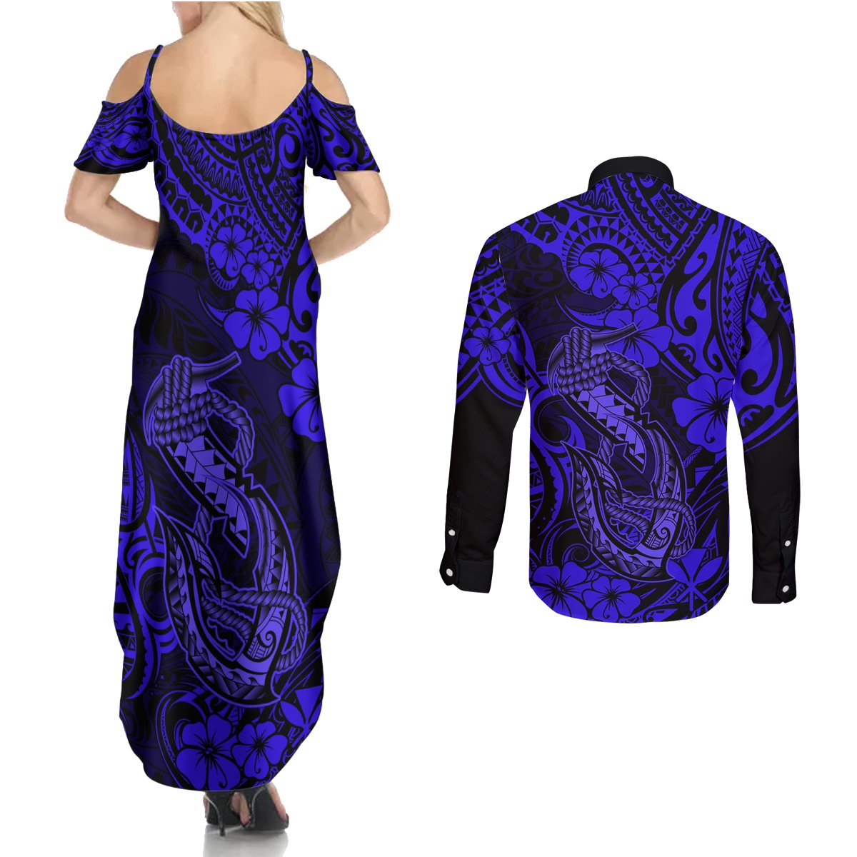 Hawaii Fish Hook Couples Matching Summer Maxi Dress and Long Sleeve Button Shirts Polynesian Pattern Navy Blue Version LT01 - Polynesian Pride