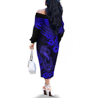 Hawaii Fish Hook Family Matching Off Shoulder Long Sleeve Dress and Hawaiian Shirt Polynesian Pattern Navy Blue Version LT01 - Polynesian Pride