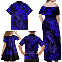 Hawaii Fish Hook Family Matching Off Shoulder Maxi Dress and Hawaiian Shirt Polynesian Pattern Navy Blue Version LT01 - Polynesian Pride