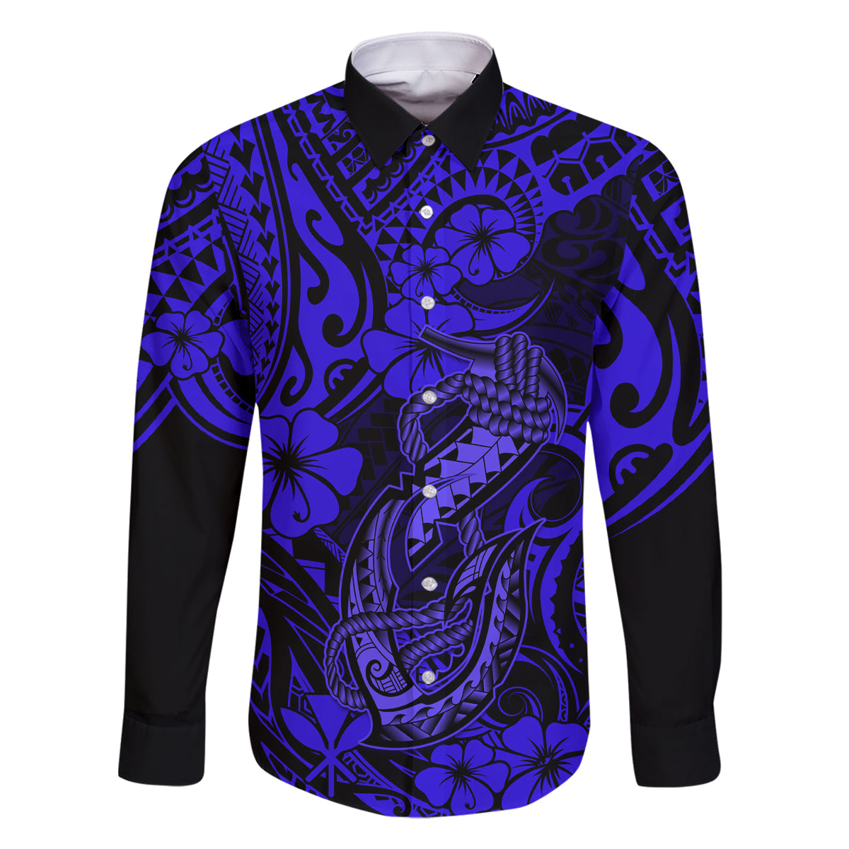 Hawaii Fish Hook Family Matching Off Shoulder Maxi Dress and Hawaiian Shirt Polynesian Pattern Navy Blue Version LT01 Dad's Shirt - Long Sleeve Blue - Polynesian Pride