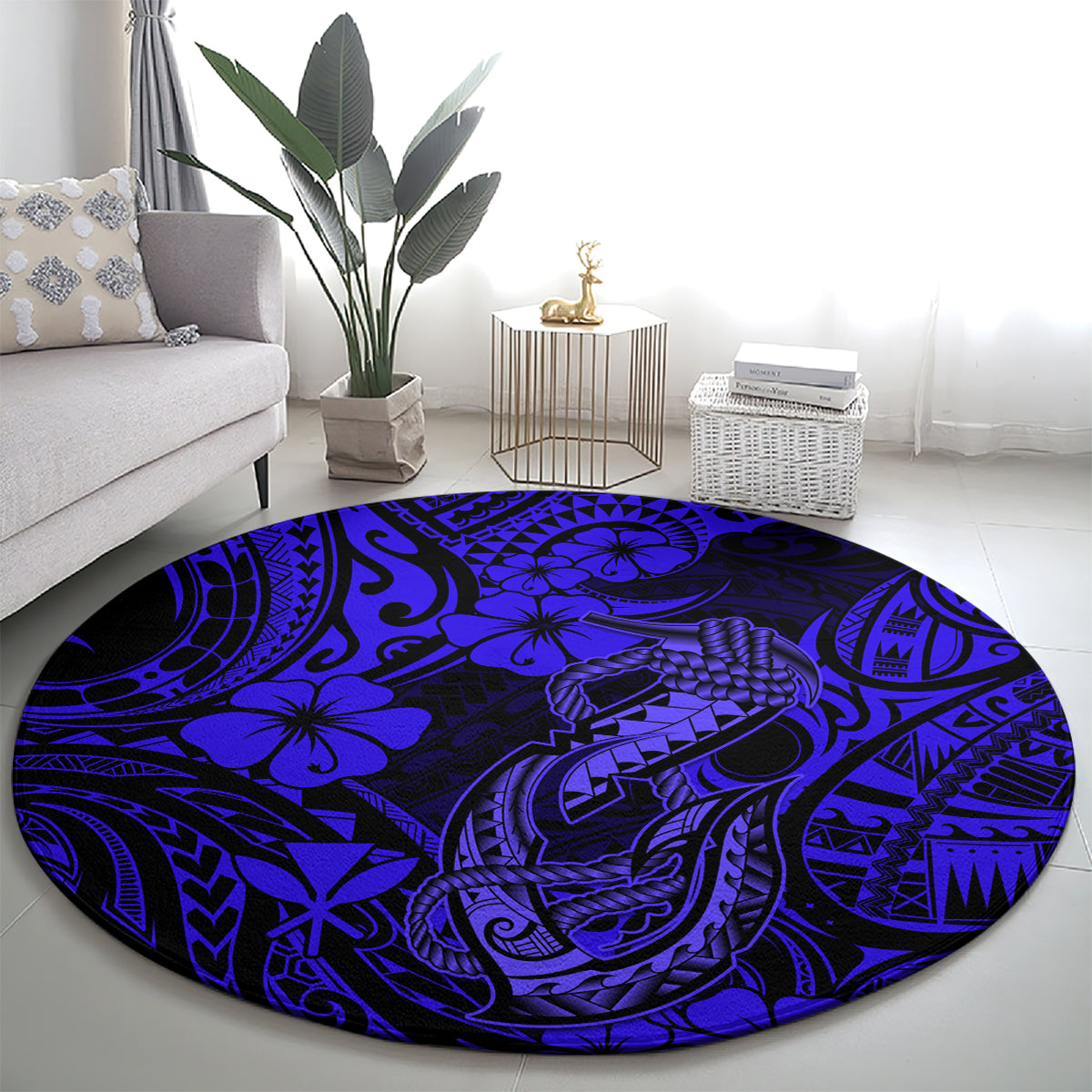 Hawaii Fish Hook Round Carpet Polynesian Pattern Navy Blue Version LT01 - Polynesian Pride