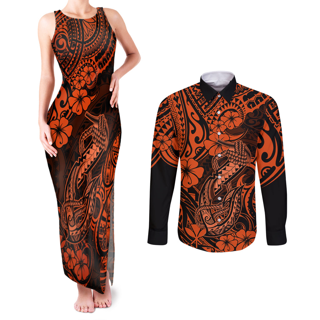 Hawaii Fish Hook Couples Matching Tank Maxi Dress and Long Sleeve Button Shirts Polynesian Pattern Orange Version LT01 Orange - Polynesian Pride