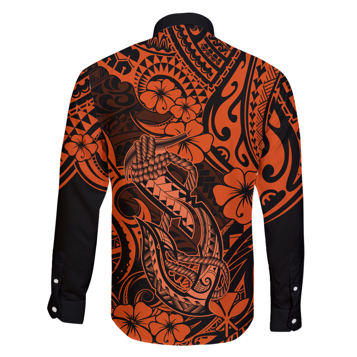 Hawaii Fish Hook Family Matching Off Shoulder Long Sleeve Dress and Hawaiian Shirt Polynesian Pattern Orange Version LT01 - Polynesian Pride