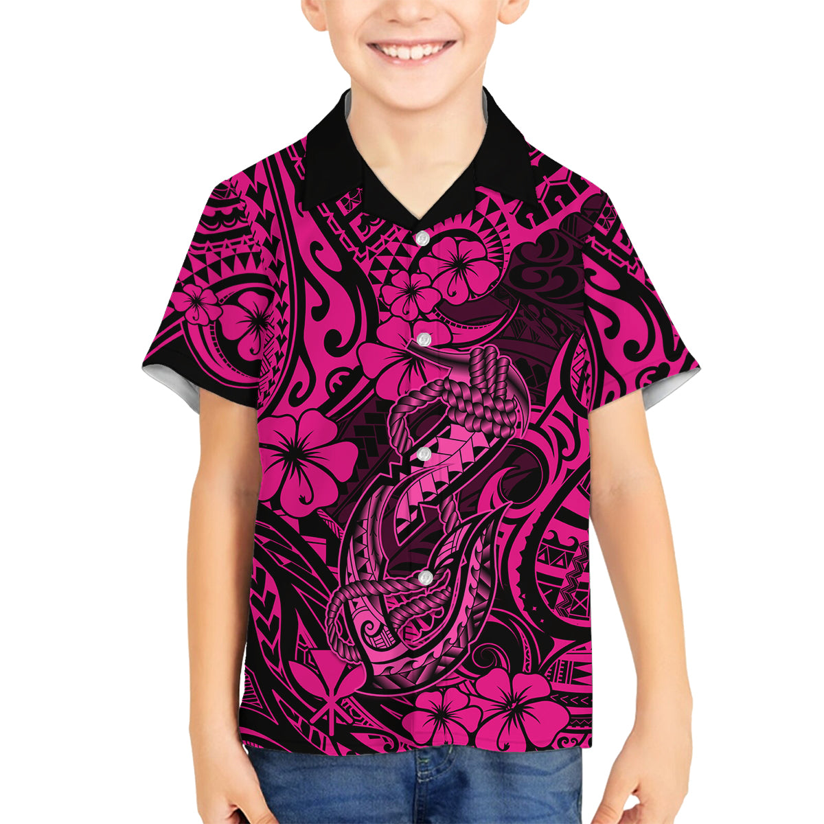 Hawaii Fish Hook Family Matching Off Shoulder Maxi Dress and Hawaiian Shirt Hibiscus Hawaii Tribal Tattoo Pink Version LT01 Son's Shirt Pink - Polynesian Pride