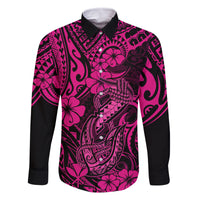 Hawaii Fish Hook Family Matching Summer Maxi Dress and Hawaiian Shirt Hibiscus Hawaii Tribal Tattoo Pink Version LT01 Dad's Shirt - Long Sleeve Pink - Polynesian Pride