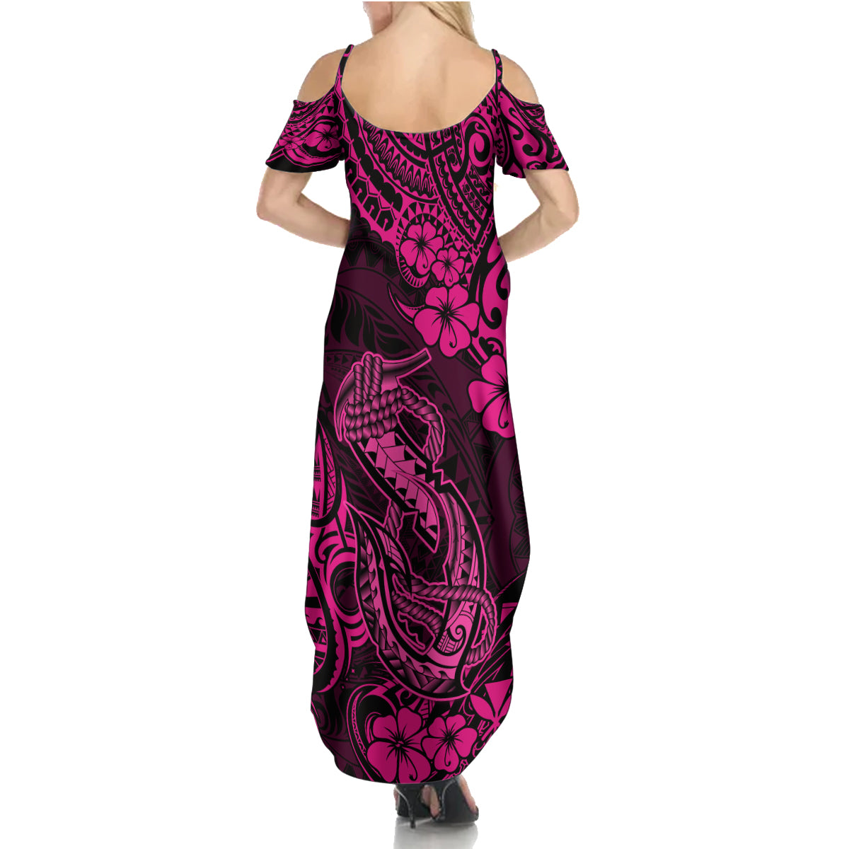 Hawaii Fish Hook Family Matching Summer Maxi Dress and Hawaiian Shirt Hibiscus Hawaii Tribal Tattoo Pink Version LT01 - Polynesian Pride