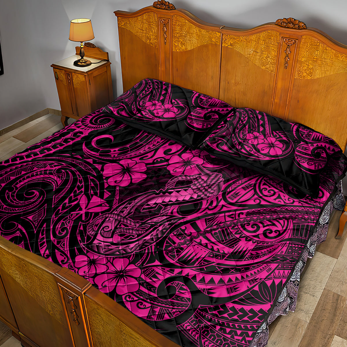 Hawaii Fish Hook Quilt Bed Set Hibiscus Hawaii Tribal Tattoo Pink Version LT01 - Polynesian Pride