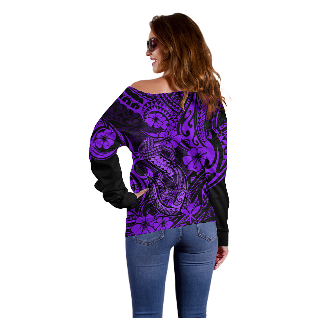 Hawaii Fish Hook Off Shoulder Sweater Hibiscus Hawaii Tribal Tattoo Purple Version LT01 - Polynesian Pride