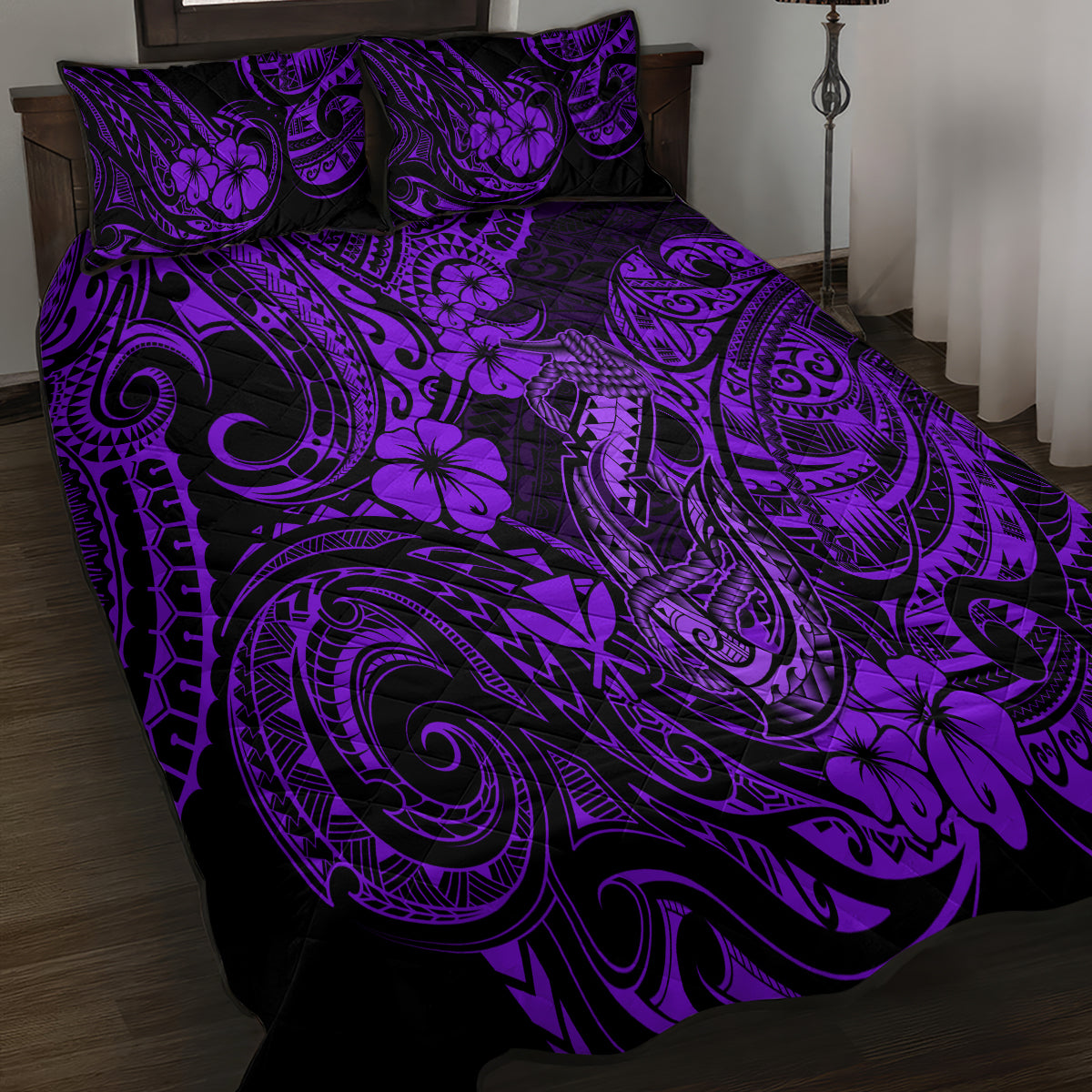 Hawaii Fish Hook Quilt Bed Set Hibiscus Hawaii Tribal Tattoo Purple Version LT01 - Polynesian Pride