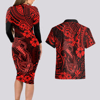 Hawaii Fish Hook Couples Matching Long Sleeve Bodycon Dress and Hawaiian Shirt Hibiscus Hawaii Tribal Tattoo Red Version LT01 - Polynesian Pride
