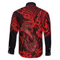 Hawaii Fish Hook Family Matching Off Shoulder Short Dress and Hawaiian Shirt Hibiscus Hawaii Tribal Tattoo Red Version LT01 - Polynesian Pride