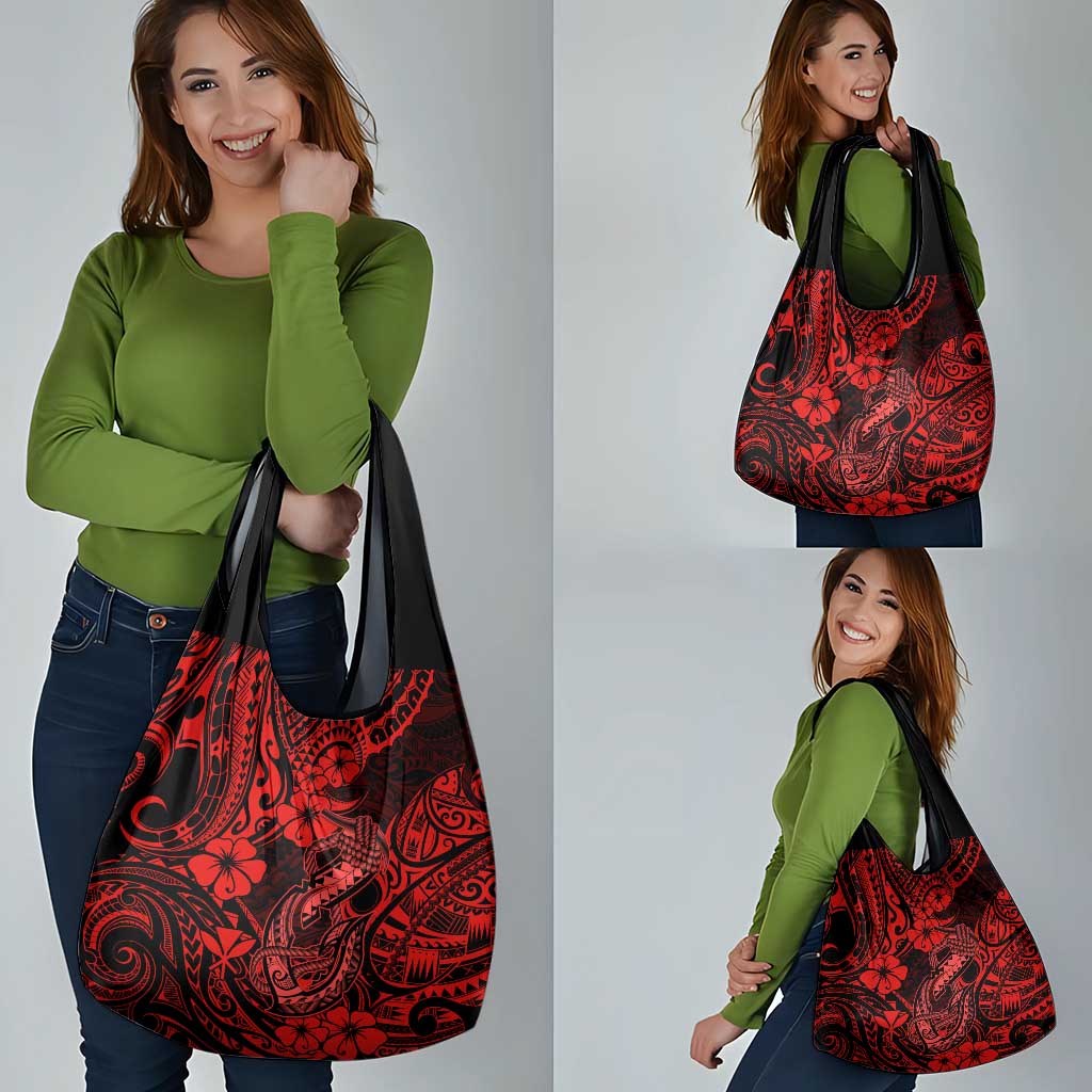 Hawaii Fish Hook Grocery Bag Hibiscus Hawaii Tribal Tattoo Red Version