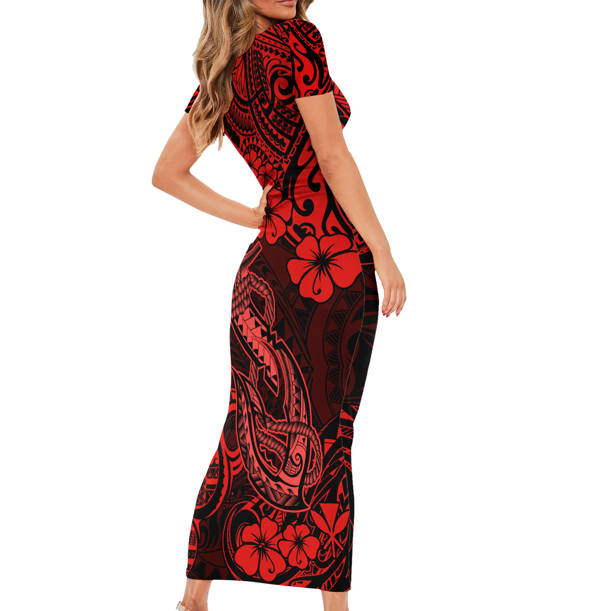 Hawaii Fish Hook Short Sleeve Bodycon Dress Hibiscus Hawaii Tribal Tattoo Red Version LT01 - Polynesian Pride