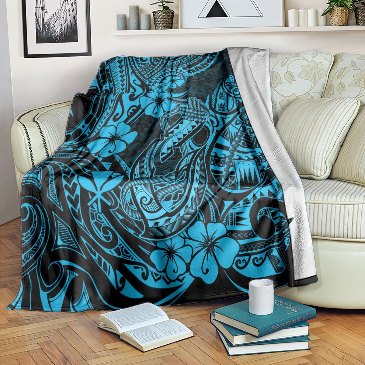 Hawaii Fish Hook Blanket Hibiscus Hawaii Tribal Tattoo Sky Blue Version LT01 - Polynesian Pride