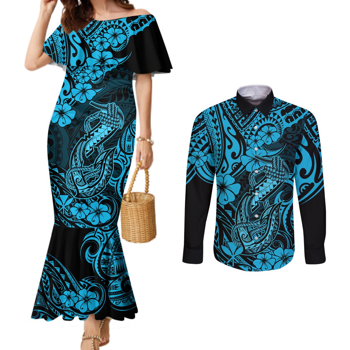 Hawaii Fish Hook Couples Matching Mermaid Dress and Long Sleeve Button Shirts Hibiscus Hawaii Tribal Tattoo Sky Blue Version LT01 Blue - Polynesian Pride