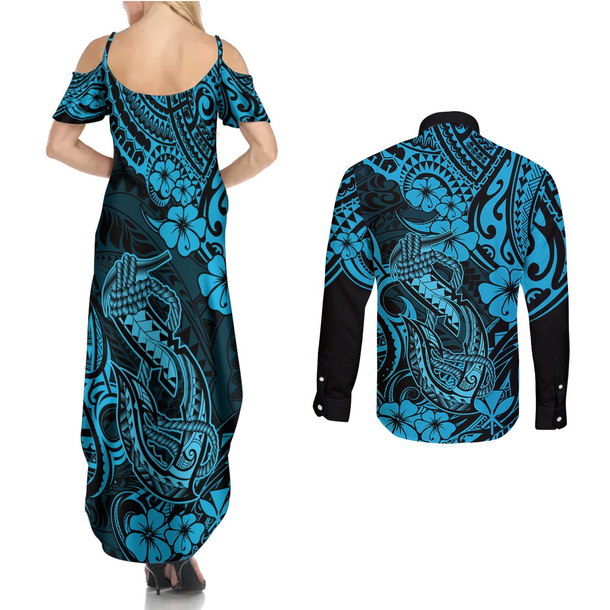 Hawaii Fish Hook Couples Matching Summer Maxi Dress and Long Sleeve Button Shirts Hibiscus Hawaii Tribal Tattoo Sky Blue Version LT01 - Polynesian Pride