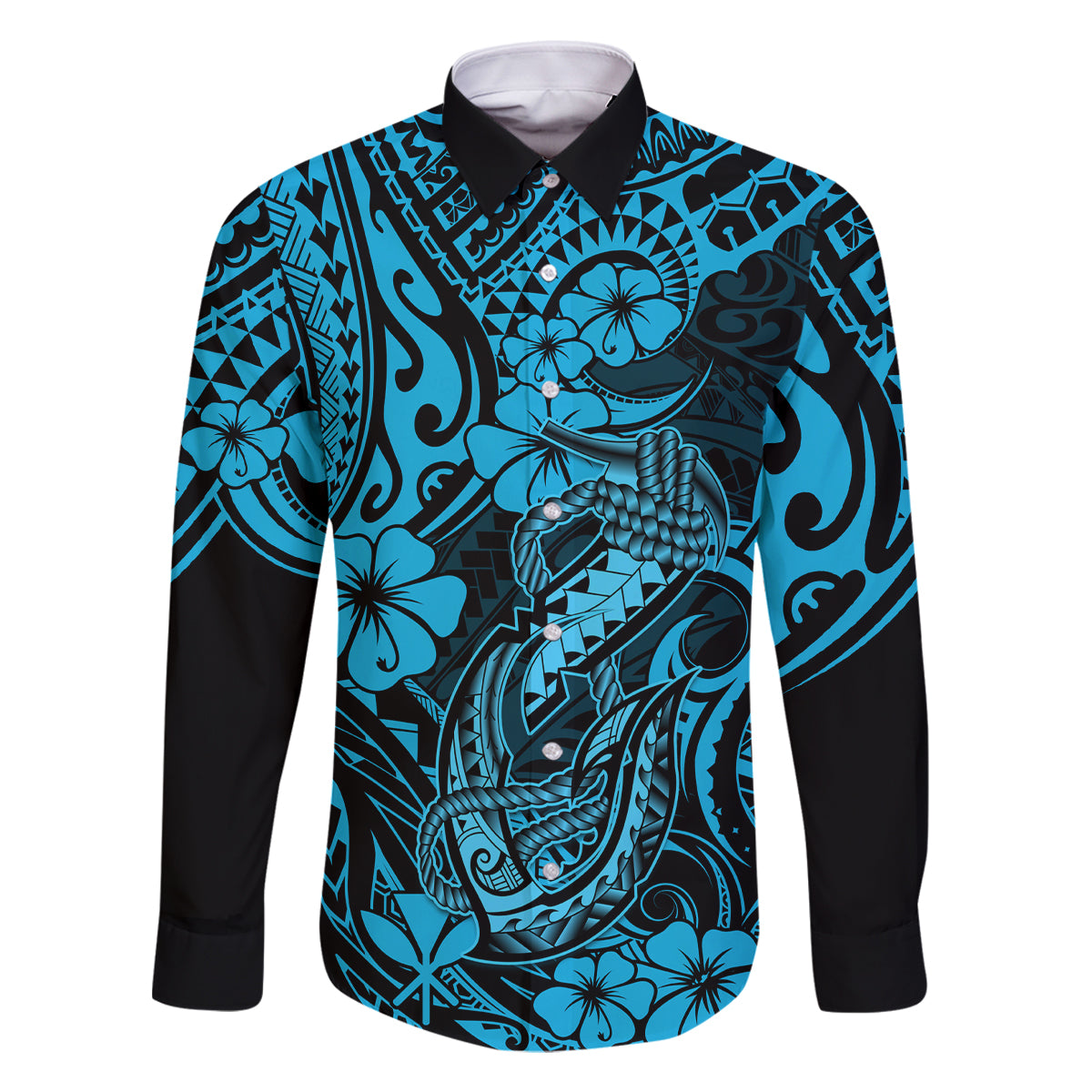 Hawaii Fish Hook Family Matching Off Shoulder Short Dress and Hawaiian Shirt Hibiscus Hawaii Tribal Tattoo Sky Blue Version LT01 Dad's Shirt - Long Sleeve Blue - Polynesian Pride