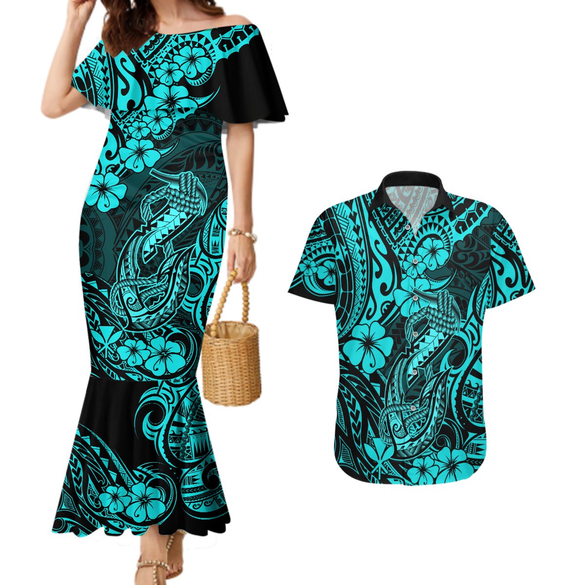 Hawaii Fish Hook Couples Matching Mermaid Dress and Hawaiian Shirt Hibiscus Hawaii Tribal Tattoo Turquoise Version LT01 Turquoise - Polynesian Pride