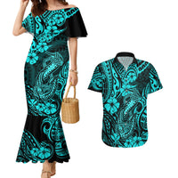 Hawaii Fish Hook Couples Matching Mermaid Dress and Hawaiian Shirt Hibiscus Hawaii Tribal Tattoo Turquoise Version LT01 Turquoise - Polynesian Pride