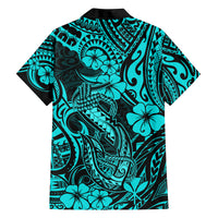 Hawaii Fish Hook Family Matching Off Shoulder Long Sleeve Dress and Hawaiian Shirt Hibiscus Hawaii Tribal Tattoo Turquoise Version LT01 - Polynesian Pride