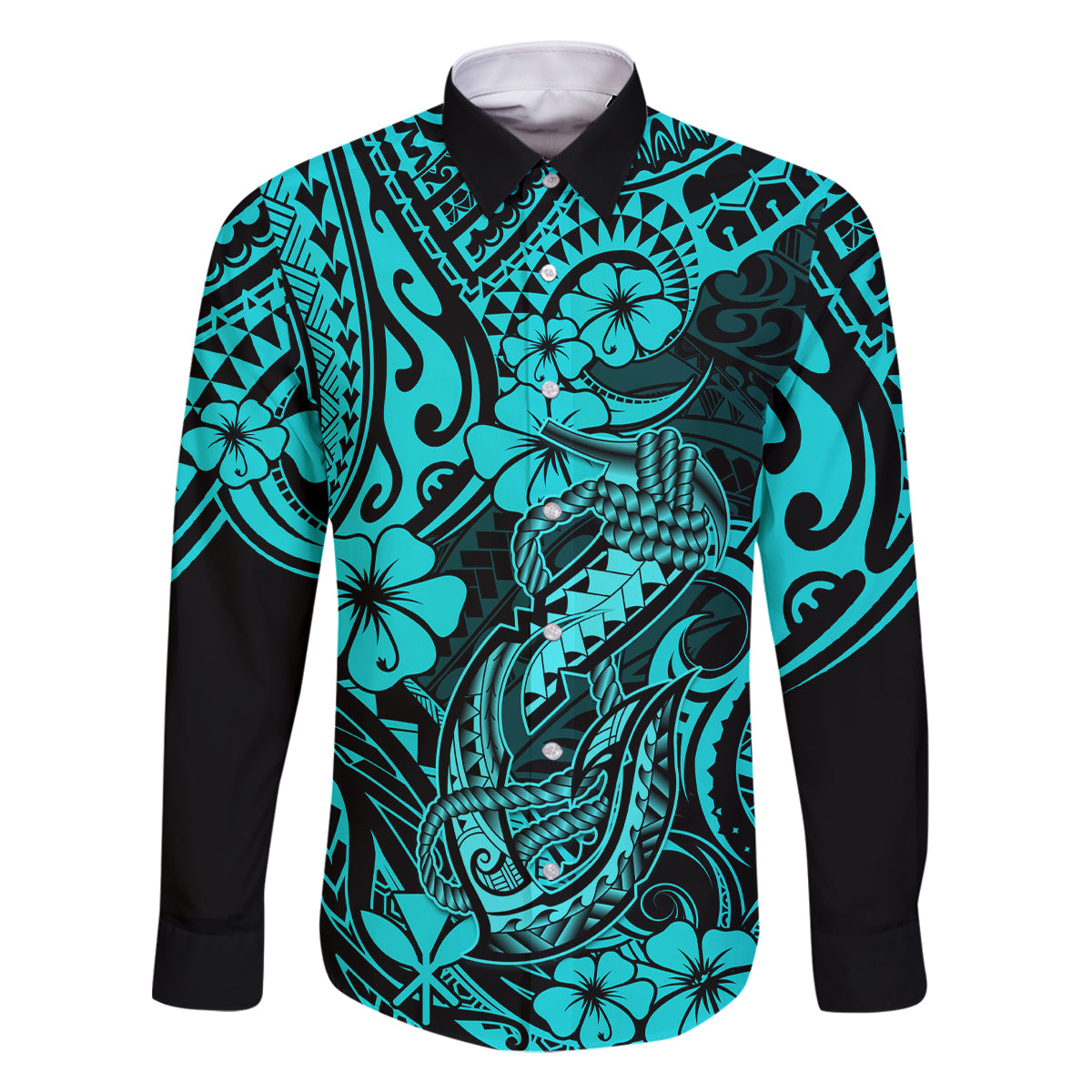 Hawaii Fish Hook Family Matching Off Shoulder Maxi Dress and Hawaiian Shirt Hibiscus Hawaii Tribal Tattoo Turquoise Version LT01 Dad's Shirt - Long Sleeve Turquoise - Polynesian Pride