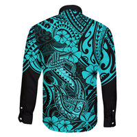 Hawaii Fish Hook Family Matching Off Shoulder Maxi Dress and Hawaiian Shirt Hibiscus Hawaii Tribal Tattoo Turquoise Version LT01 - Polynesian Pride