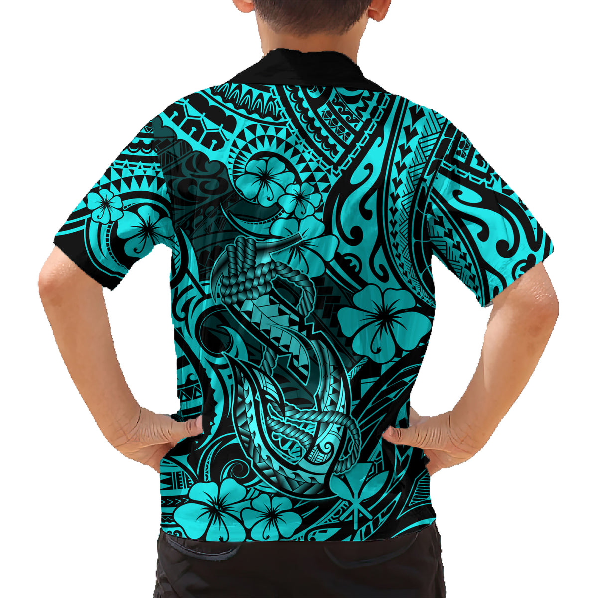Hawaii Fish Hook Family Matching Short Sleeve Bodycon Dress and Hawaiian Shirt Hibiscus Hawaii Tribal Tattoo Turquoise Version LT01 - Polynesian Pride