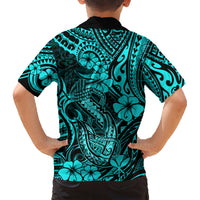 Hawaii Fish Hook Family Matching Short Sleeve Bodycon Dress and Hawaiian Shirt Hibiscus Hawaii Tribal Tattoo Turquoise Version LT01 - Polynesian Pride