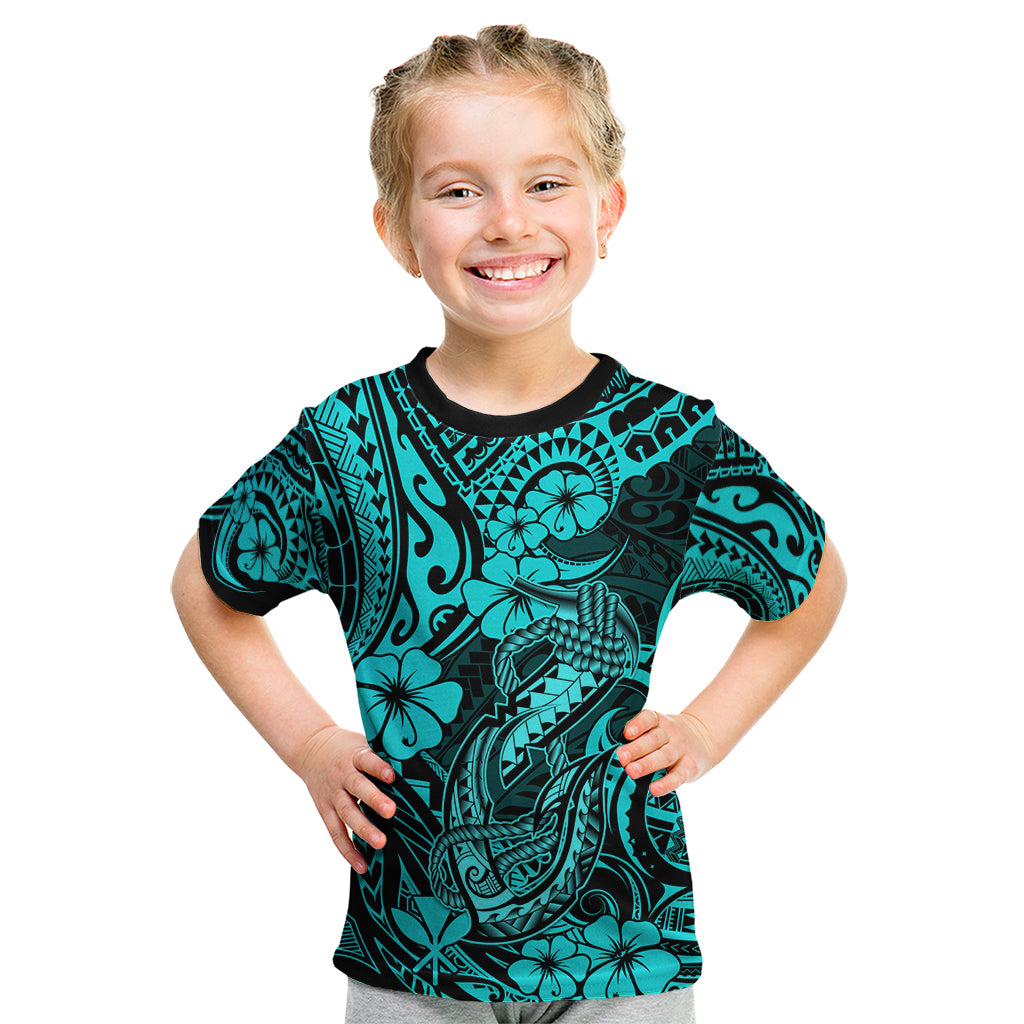 Hawaii Fish Hook Kid T Shirt Hibiscus Hawaii Tribal Tattoo Turquoise Version LT01 Turquoise - Polynesian Pride