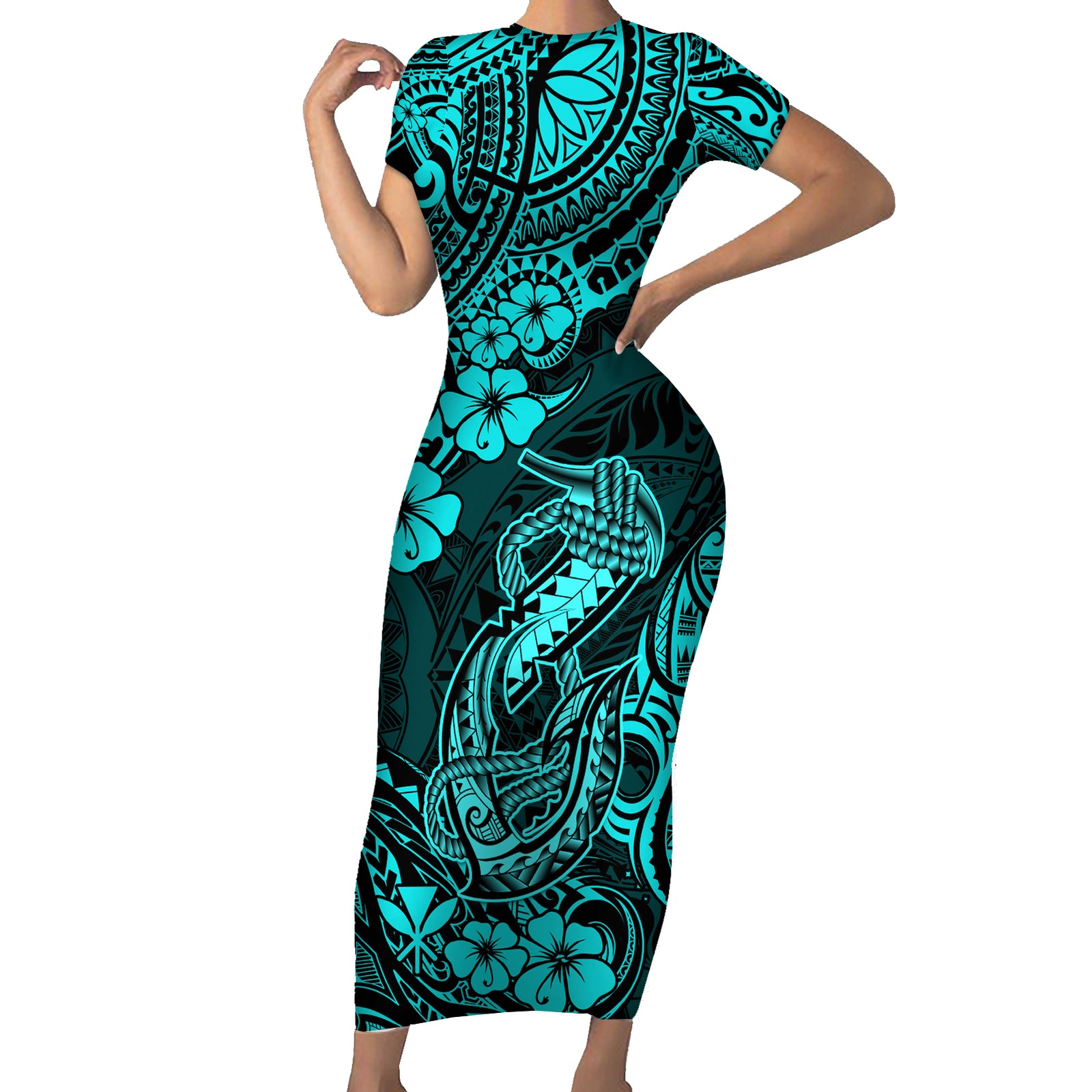 Hawaii Fish Hook Short Sleeve Bodycon Dress Hibiscus Hawaii Tribal Tattoo Turquoise Version LT01 Long Dress Turquoise - Polynesian Pride