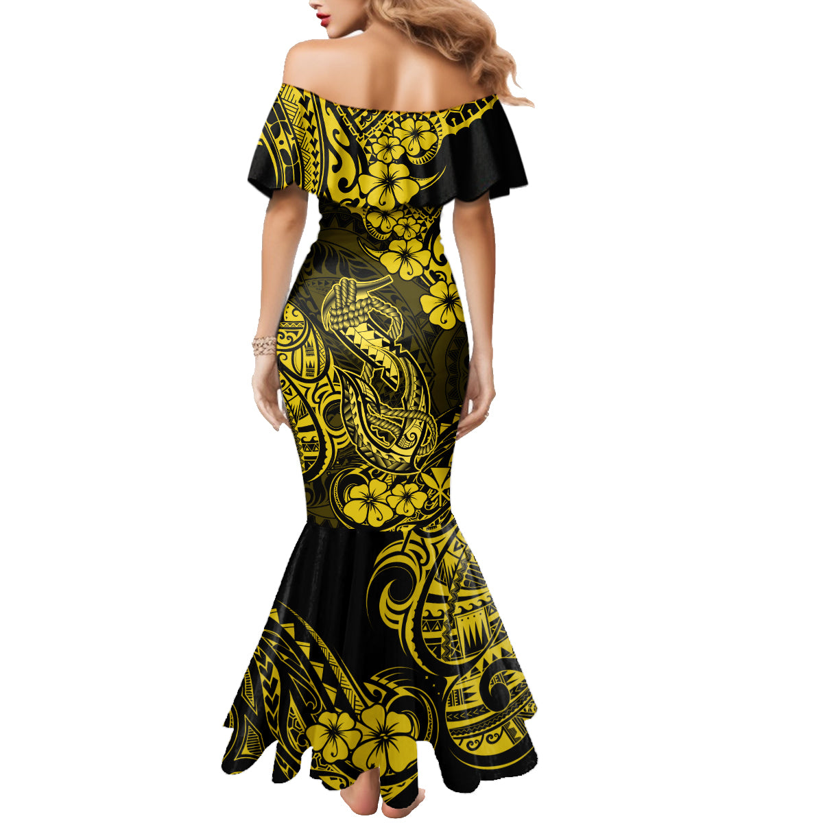 Hawaii Fish Hook Family Matching Mermaid Dress and Hawaiian Shirt Hibiscus Hawaii Tribal Tattoo Yellow Version LT01 - Polynesian Pride