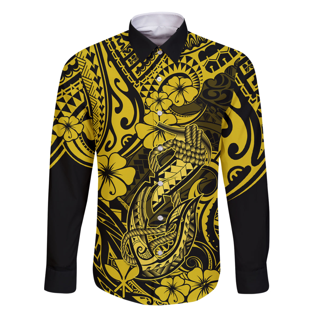 Hawaii Fish Hook Family Matching Summer Maxi Dress and Hawaiian Shirt Hibiscus Hawaii Tribal Tattoo Yellow Version LT01 Dad's Shirt - Long Sleeve Yellow - Polynesian Pride