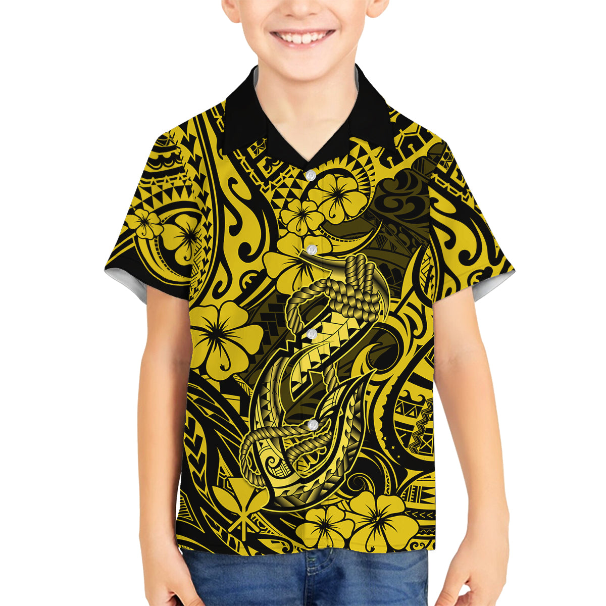 Hawaii Fish Hook Family Matching Summer Maxi Dress and Hawaiian Shirt Hibiscus Hawaii Tribal Tattoo Yellow Version LT01 Son's Shirt Yellow - Polynesian Pride