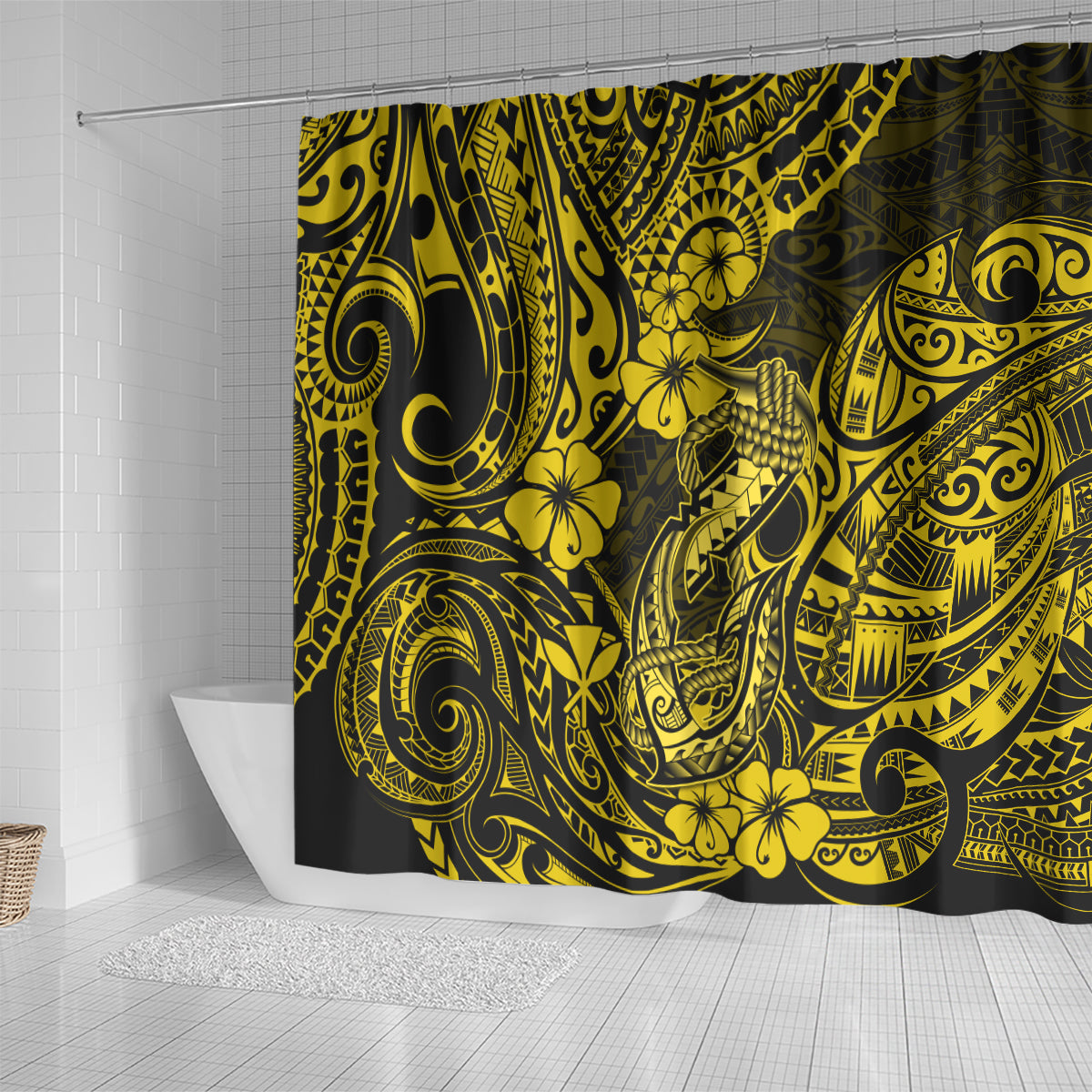 Hawaii Fish Hook Shower Curtain Hibiscus Hawaii Tribal Tattoo Yellow Version LT01 - Polynesian Pride