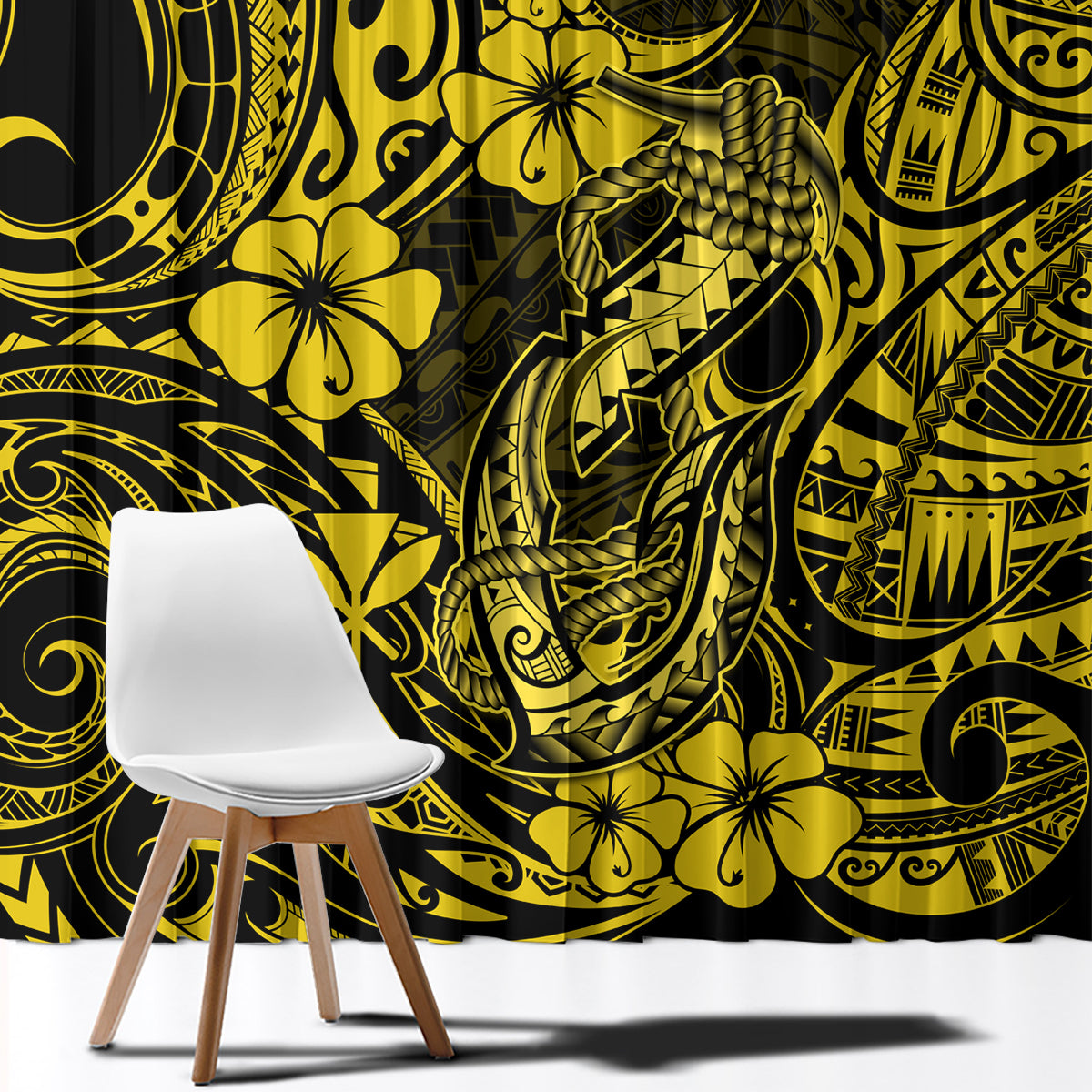 Hawaii Fish Hook Window Curtain Hibiscus Hawaii Tribal Tattoo Yellow Version LT01 - Polynesian Pride