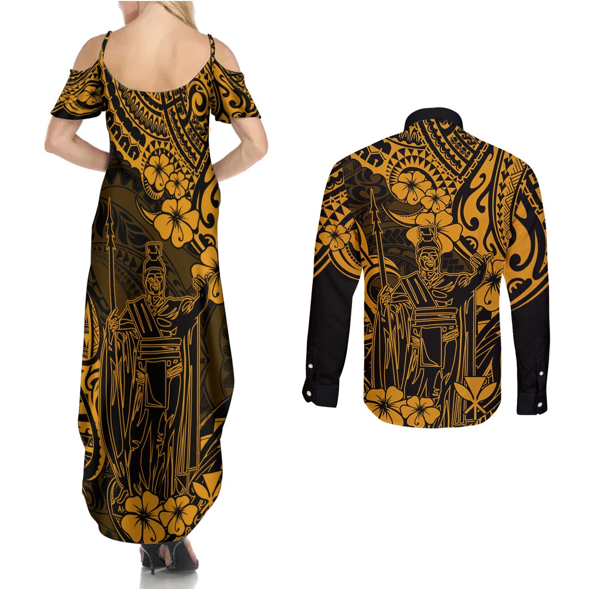 Hawaii King Kamehameha Couples Matching Summer Maxi Dress and Long Sleeve Button Shirts Polynesian Pattern Gold Version LT01 - Polynesian Pride