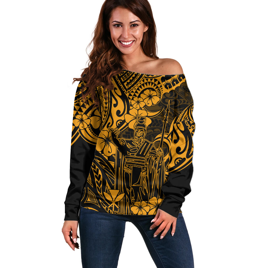 Hawaii King Kamehameha Off Shoulder Sweater Polynesian Pattern Gold Version LT01 Women Gold - Polynesian Pride