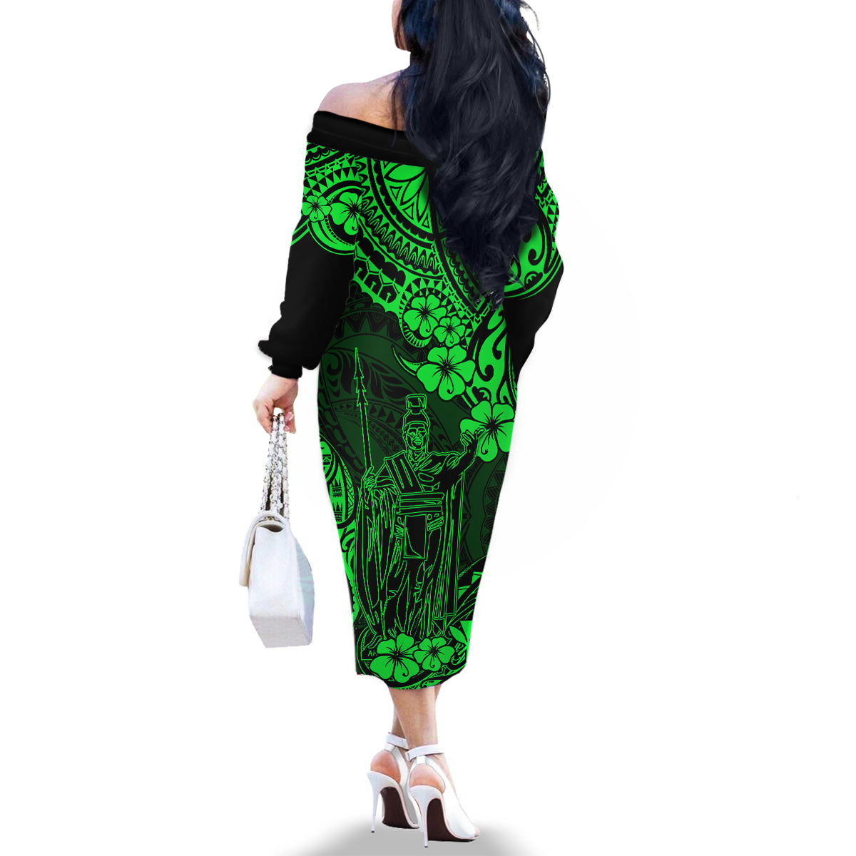 Hawaii King Kamehameha Family Matching Off Shoulder Long Sleeve Dress and Hawaiian Shirt Polynesian Pattern Green Version LT01 - Polynesian Pride