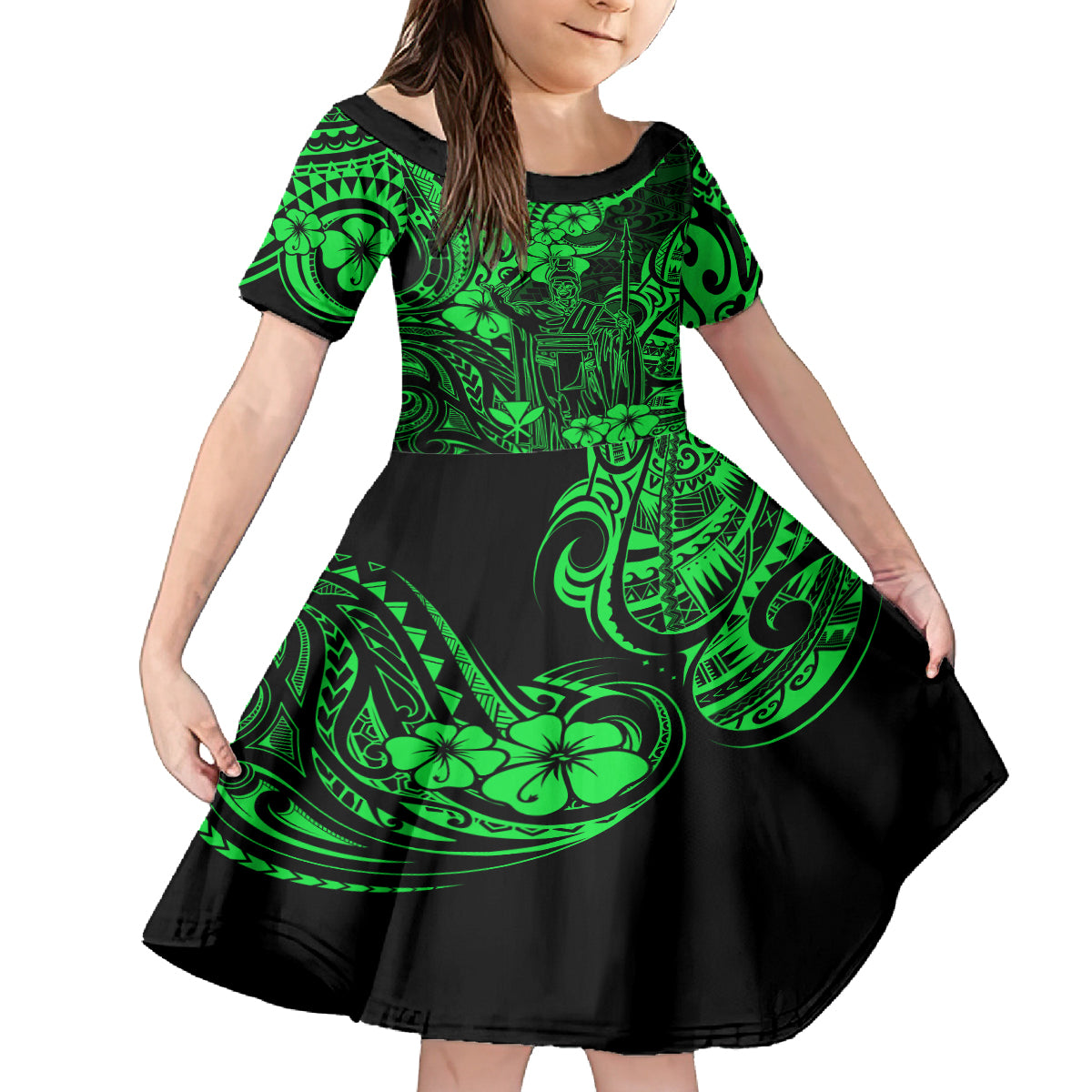 Hawaii King Kamehameha Family Matching Off Shoulder Short Dress and Hawaiian Shirt Polynesian Pattern Green Version LT01 Daughter's Dress Green - Polynesian Pride
