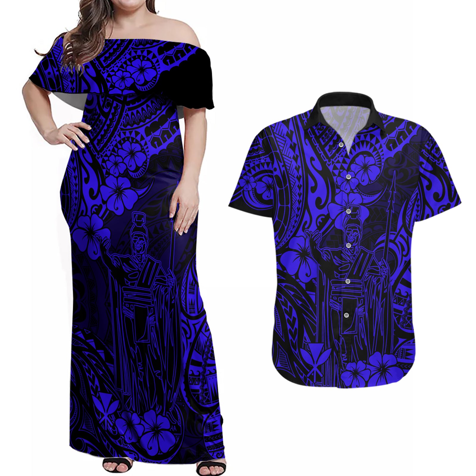 Hawaii King Kamehameha Couples Matching Off Shoulder Maxi Dress and Hawaiian Shirt Polynesian Pattern Navy Blue Version LT01 Blue - Polynesian Pride
