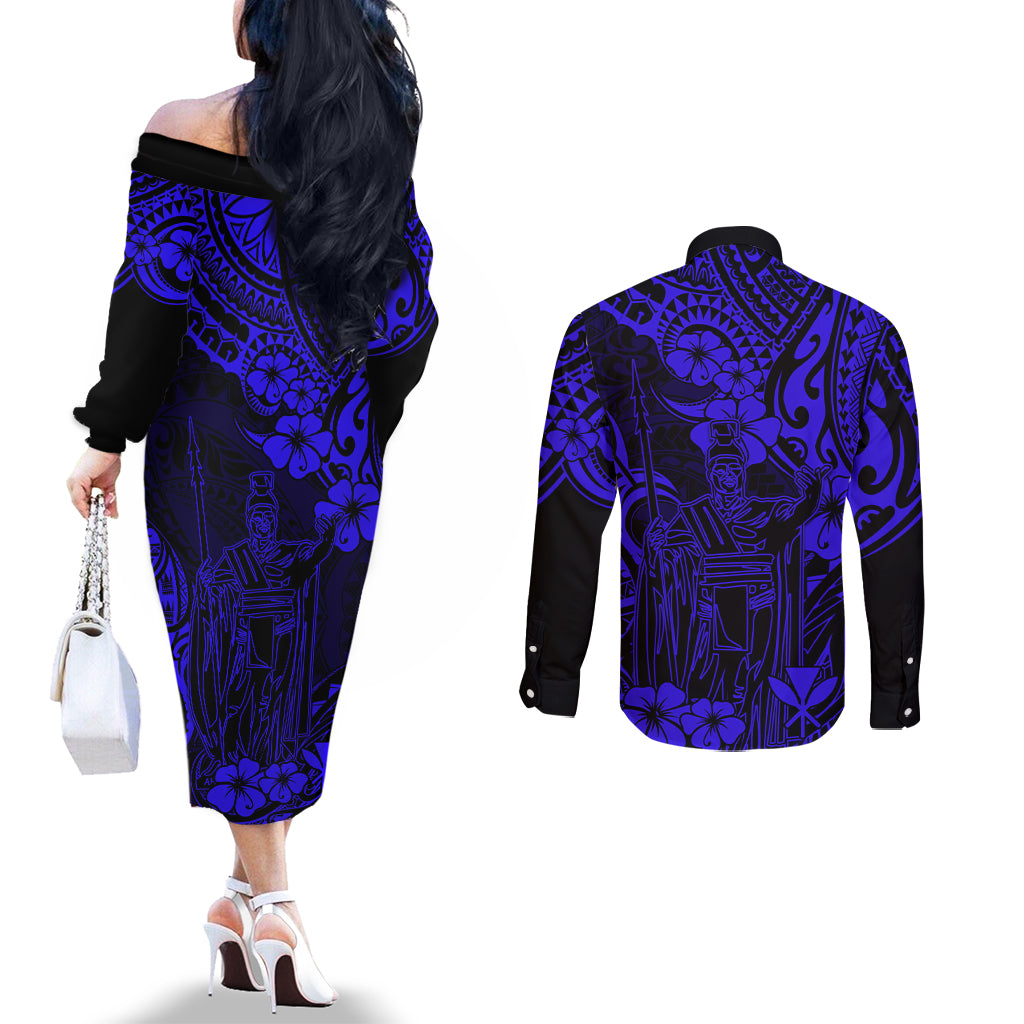 Hawaii King Kamehameha Couples Matching Off The Shoulder Long Sleeve Dress and Long Sleeve Button Shirts Polynesian Pattern Navy Blue Version LT01 - Polynesian Pride