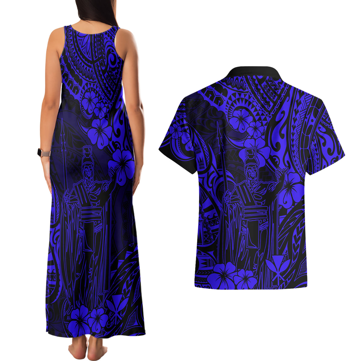 Hawaii King Kamehameha Couples Matching Tank Maxi Dress and Hawaiian Shirt Polynesian Pattern Navy Blue Version LT01 - Polynesian Pride