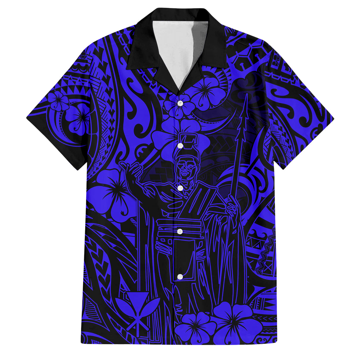 Hawaii King Kamehameha Family Matching Long Sleeve Bodycon Dress and Hawaiian Shirt Polynesian Pattern Navy Blue Version LT01 Dad's Shirt - Short Sleeve Blue - Polynesian Pride