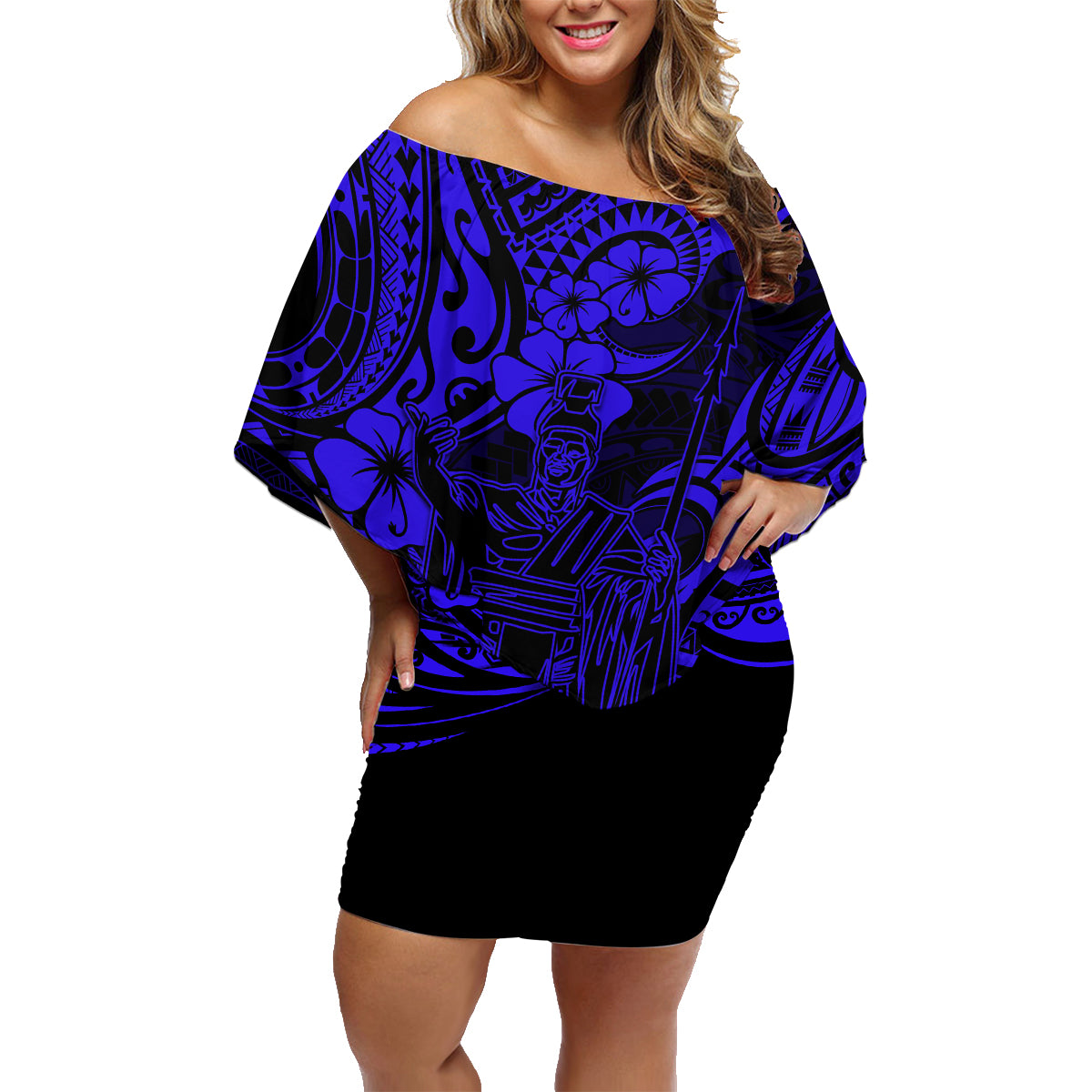 Hawaii King Kamehameha Family Matching Off Shoulder Short Dress and Hawaiian Shirt Polynesian Pattern Navy Blue Version LT01 Mom's Dress Blue - Polynesian Pride