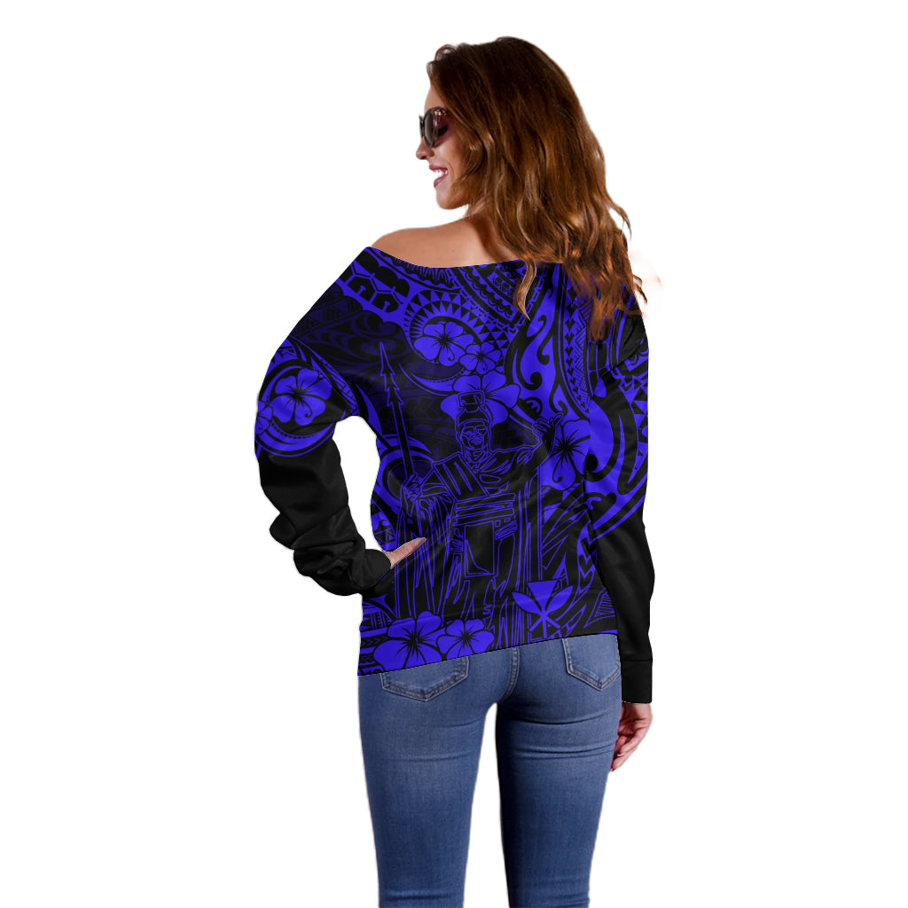 Hawaii King Kamehameha Off Shoulder Sweater Polynesian Pattern Navy Blue Version LT01 - Polynesian Pride