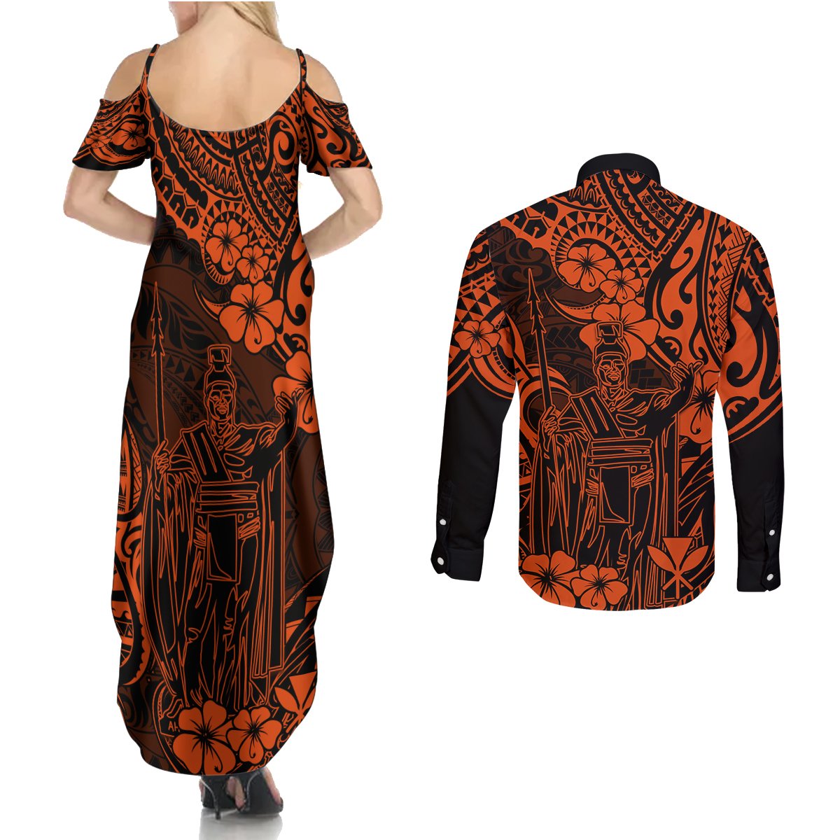 Hawaii King Kamehameha Couples Matching Summer Maxi Dress and Long Sleeve Button Shirts Polynesian Pattern Orange Version LT01 - Polynesian Pride