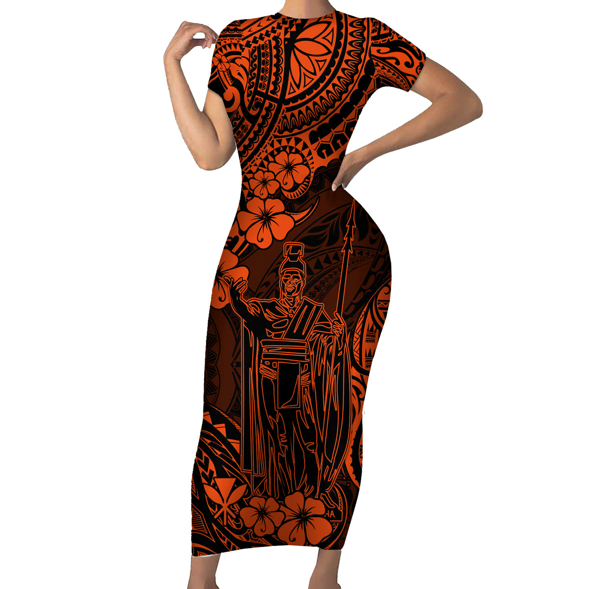Hawaii King Kamehameha Short Sleeve Bodycon Dress Polynesian Pattern Orange Version LT01 Long Dress Orange - Polynesian Pride